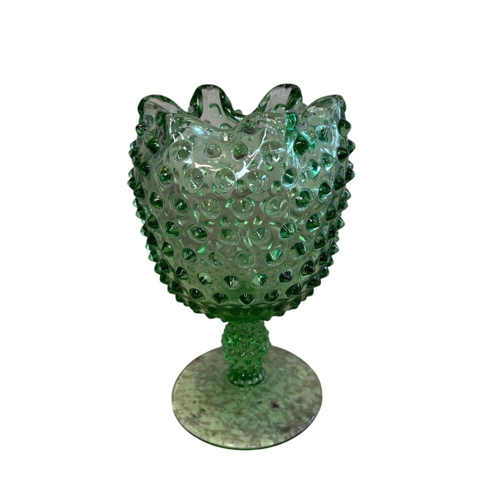 Vintage Green Hobnail Glass Compote Vase Ruffled Rim Pedestal Candy Dish 1970s